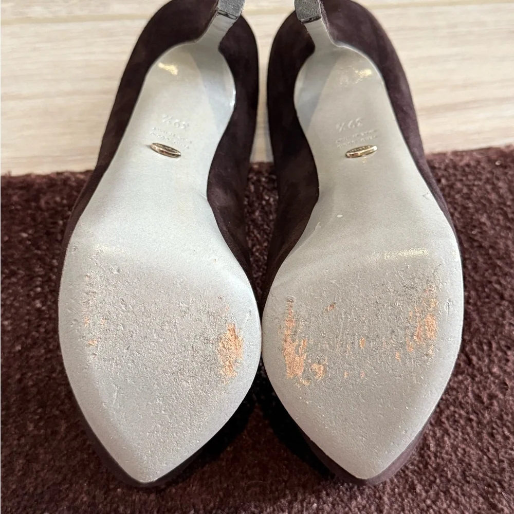 $845 SERGIO ROSSI Dark Chocolate Brown Suede Peep Toe Platform Heels Pumps 39.5 - Picture 14 of 14